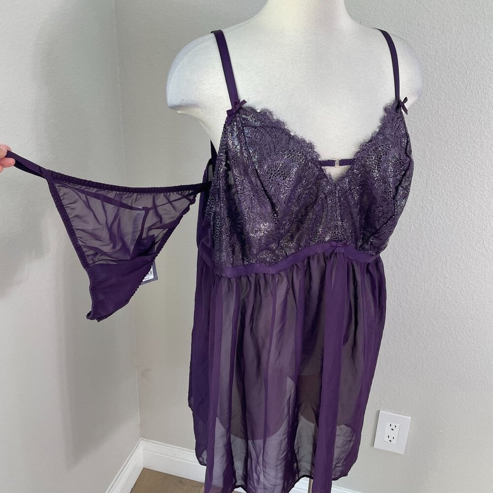 NEW Cacique Womens Plus 22/24 Purple Metallic Sheer Lace Babydoll Lingerie Set - Picture 1 of 14